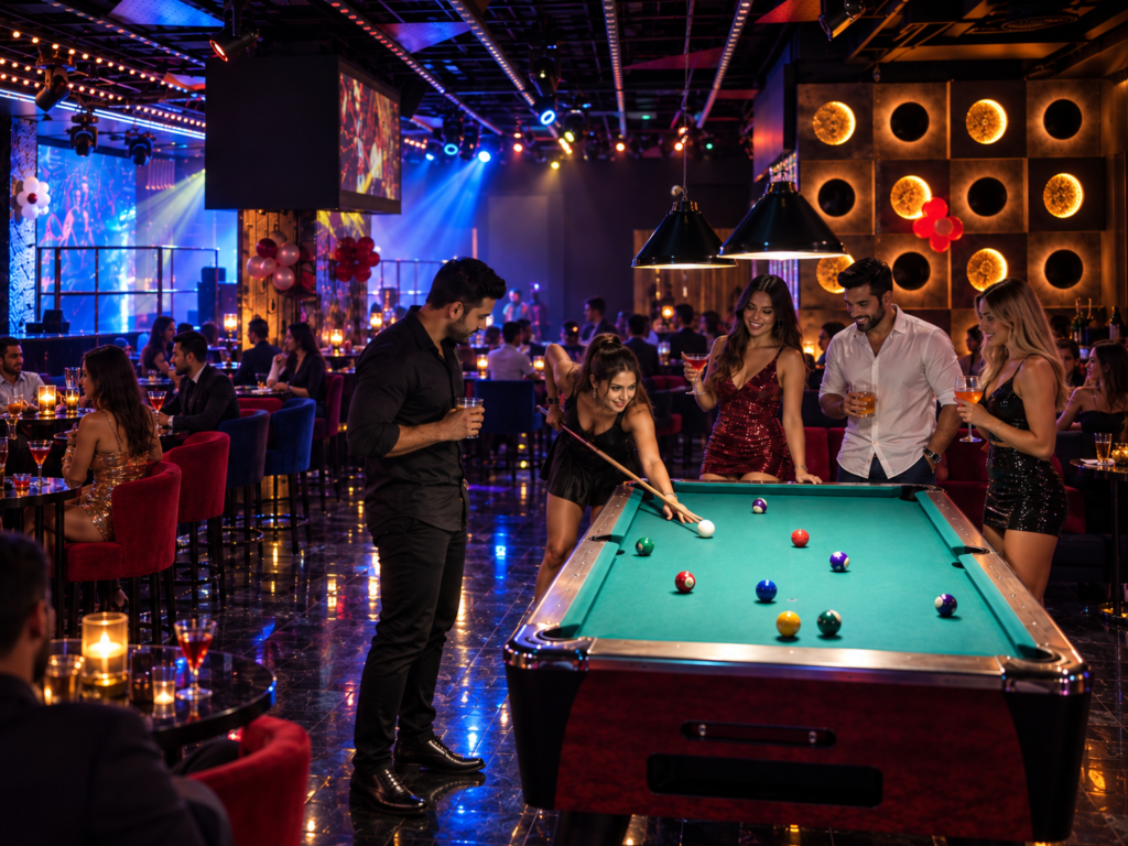 Friends playing billiards at Route55 Restro & Lounge