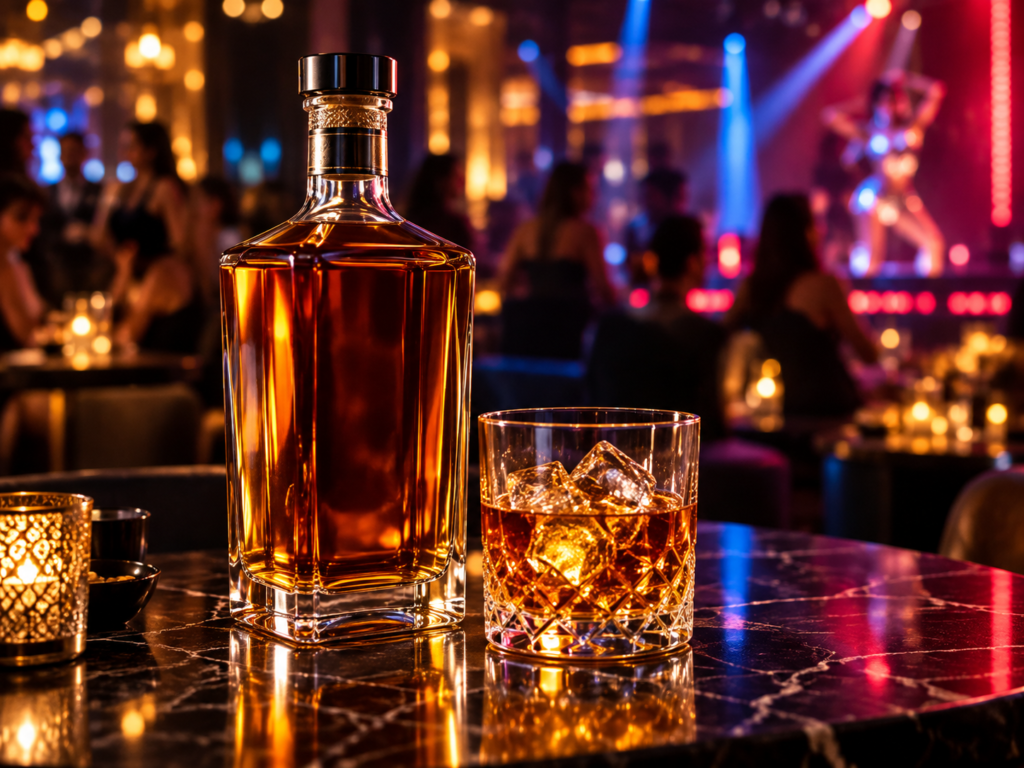 Whisky bottle and glass with ice